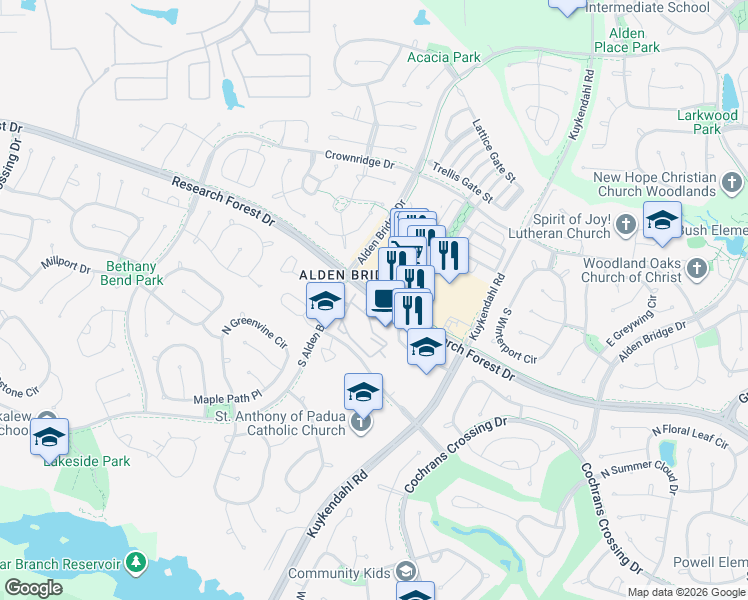 map of restaurants, bars, coffee shops, grocery stores, and more near Research Forest Drive in The Woodlands