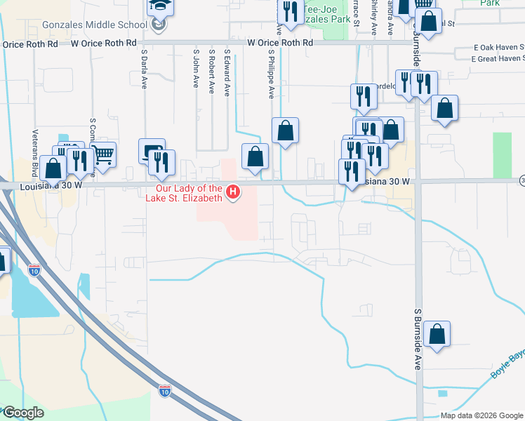 map of restaurants, bars, coffee shops, grocery stores, and more near 919 West Rothland Street in Gonzales