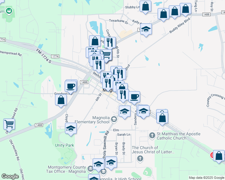 map of restaurants, bars, coffee shops, grocery stores, and more near in Magnolia