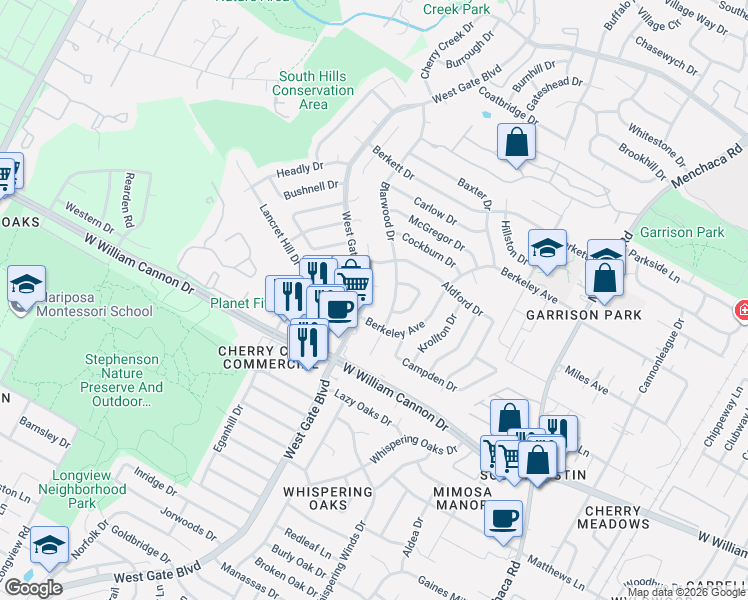 map of restaurants, bars, coffee shops, grocery stores, and more near 2600 Brickford Cove in Austin