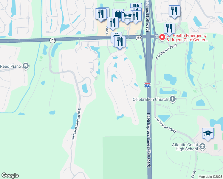 map of restaurants, bars, coffee shops, grocery stores, and more near 8693 Reedy Branch Drive in Jacksonville