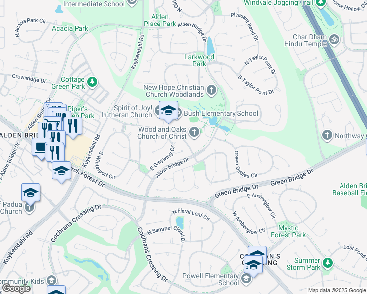 map of restaurants, bars, coffee shops, grocery stores, and more near 6 Owls Cove Place in Spring