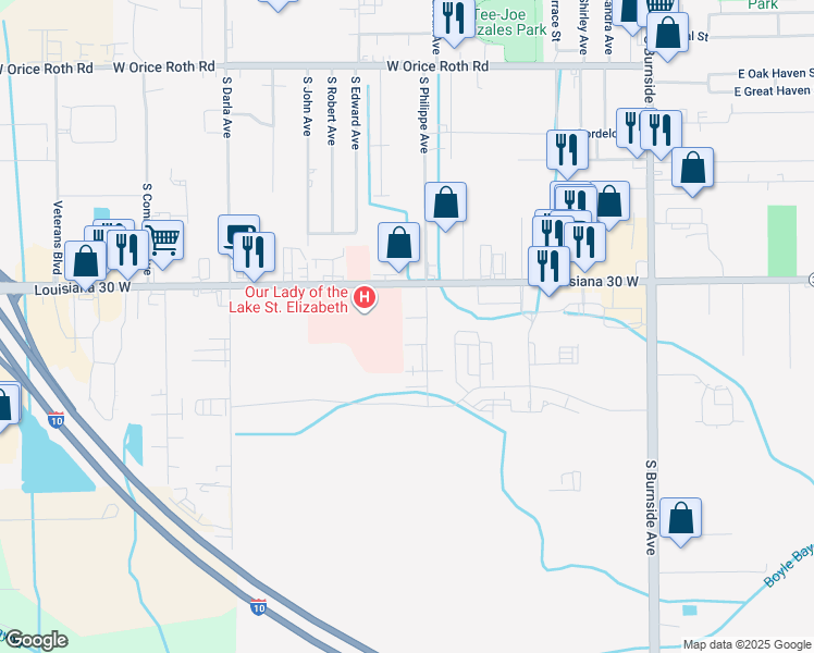 map of restaurants, bars, coffee shops, grocery stores, and more near 919 West Rothland Street in Gonzales