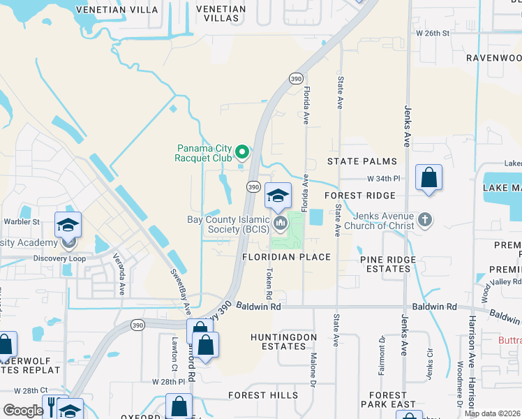 map of restaurants, bars, coffee shops, grocery stores, and more near 3406 Highway 390 in Panama City