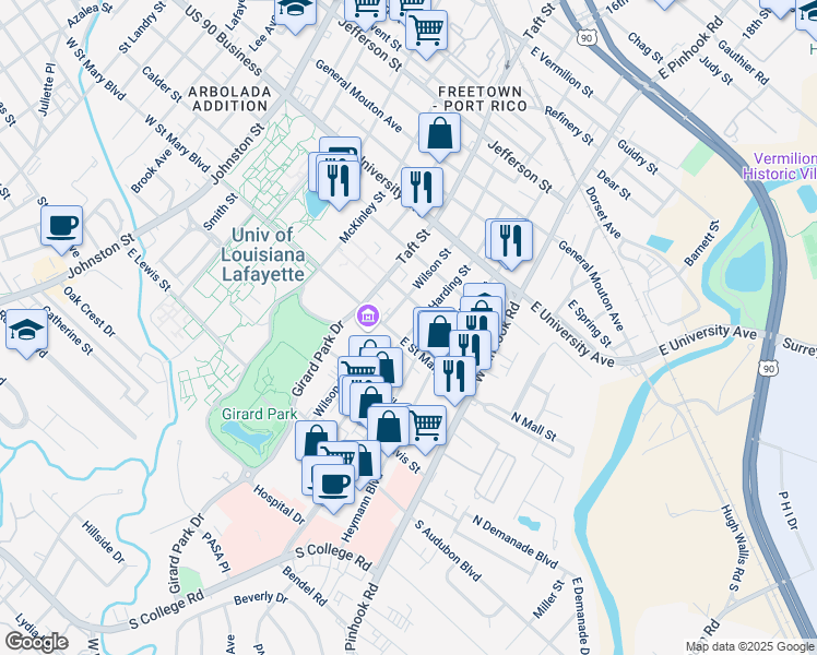 map of restaurants, bars, coffee shops, grocery stores, and more near 709 Wilson Street in Lafayette