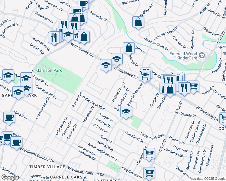map of restaurants, bars, coffee shops, grocery stores, and more near 5801 Libyan Drive in Austin