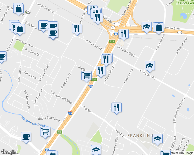 map of restaurants, bars, coffee shops, grocery stores, and more near 4537 Interstate 35 Frontage Rd in Austin