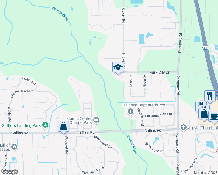 map of restaurants, bars, coffee shops, grocery stores, and more near 7500 Ricker Road in Jacksonville