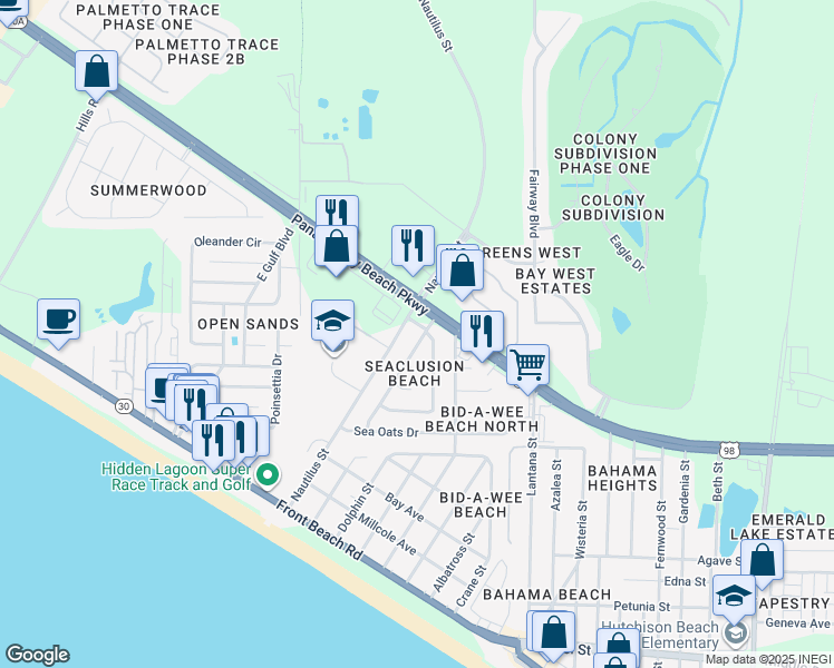 map of restaurants, bars, coffee shops, grocery stores, and more near 106 Seaclusion Drive in Panama City Beach