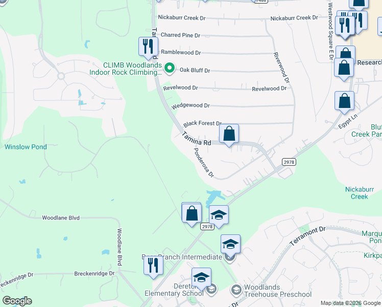 map of restaurants, bars, coffee shops, grocery stores, and more near 32503 Tamina Road in Magnolia