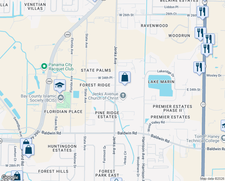 map of restaurants, bars, coffee shops, grocery stores, and more near 3337 Jenks Avenue in Panama City