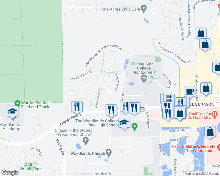 map of restaurants, bars, coffee shops, grocery stores, and more near 19 Wrenfield Place in Conroe