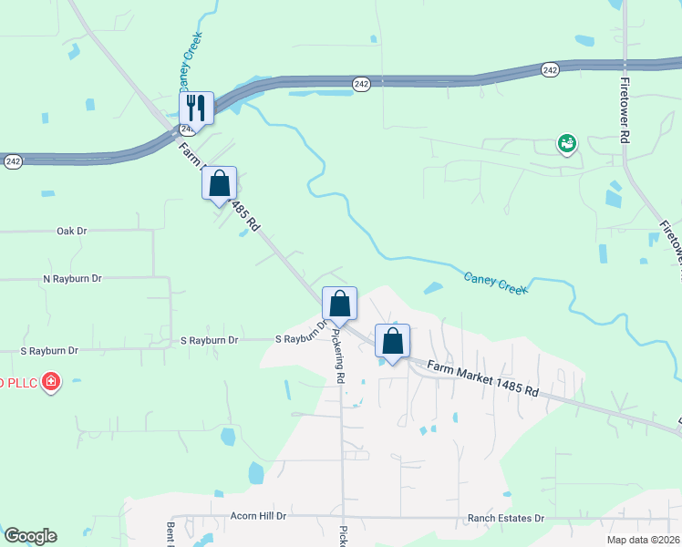 map of restaurants, bars, coffee shops, grocery stores, and more near 16557 Fm 1485 Road in Conroe