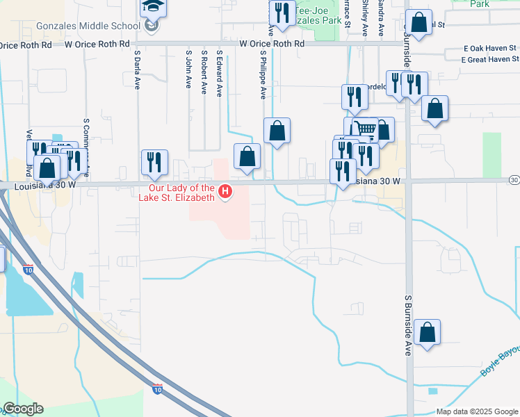 map of restaurants, bars, coffee shops, grocery stores, and more near 907 West Rothland Street in Gonzales