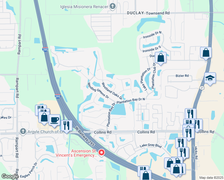 map of restaurants, bars, coffee shops, grocery stores, and more near 7547 Westland Oaks Drive in Jacksonville