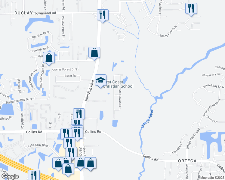map of restaurants, bars, coffee shops, grocery stores, and more near 7634 Club Duclay Drive in Jacksonville