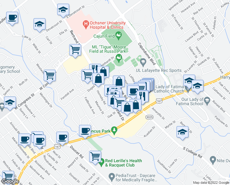 map of restaurants, bars, coffee shops, grocery stores, and more near 221 Chance Street in Lafayette