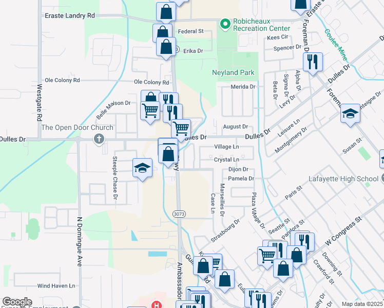 map of restaurants, bars, coffee shops, grocery stores, and more near 101 Wilbourn Boulevard in Lafayette