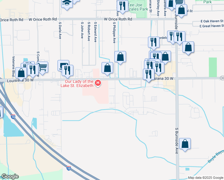 map of restaurants, bars, coffee shops, grocery stores, and more near 919 West Rothland Street in Gonzales