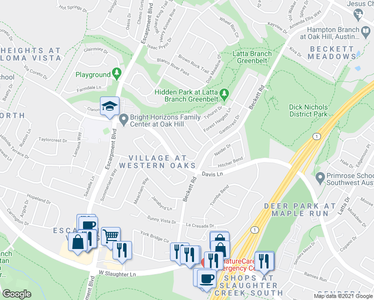 map of restaurants, bars, coffee shops, grocery stores, and more near 5713 Marchmont Lane in Austin