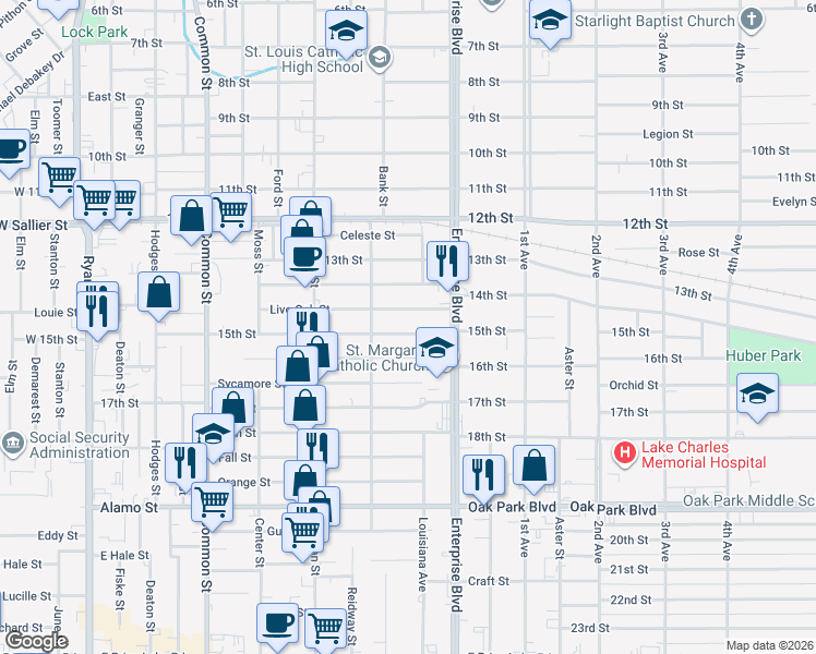 map of restaurants, bars, coffee shops, grocery stores, and more near 1102 Live Oak Street in Lake Charles