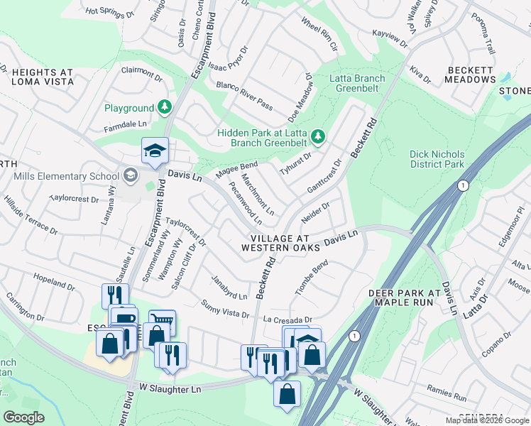 map of restaurants, bars, coffee shops, grocery stores, and more near 5715 Marchmont Lane in Austin