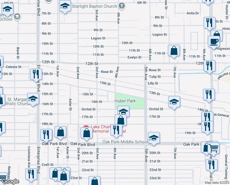 map of restaurants, bars, coffee shops, grocery stores, and more near 2399 4th Ave in Lake Charles