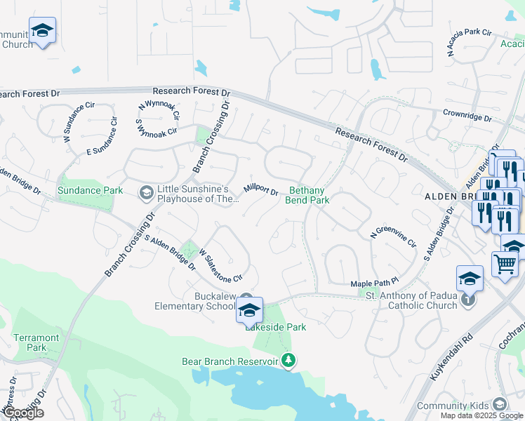 map of restaurants, bars, coffee shops, grocery stores, and more near 47 Teak Mill Place in The Woodlands