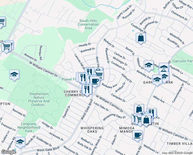 map of restaurants, bars, coffee shops, grocery stores, and more near 6700 West Gate Boulevard in Austin