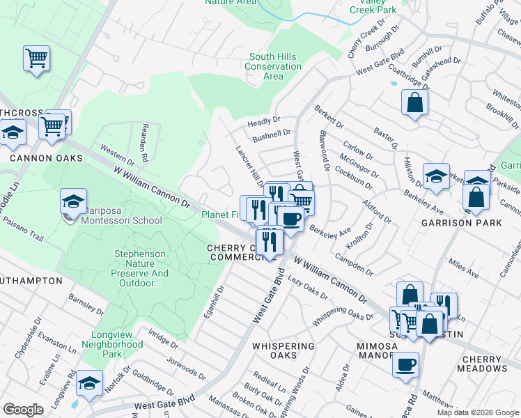 map of restaurants, bars, coffee shops, grocery stores, and more near 6810 Deatonhill Drive in Austin