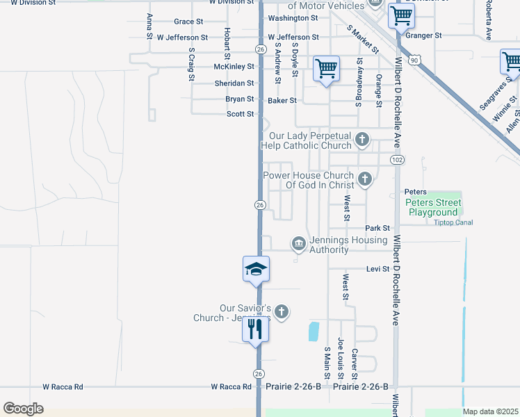 map of restaurants, bars, coffee shops, grocery stores, and more near 1301 South Lake Arthur Avenue in Jennings