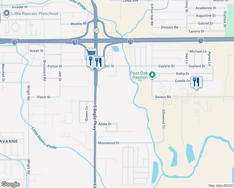 map of restaurants, bars, coffee shops, grocery stores, and more near 2877 South Beglis Parkway in Sulphur