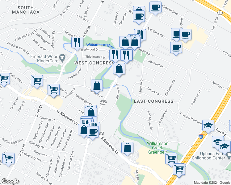 map of restaurants, bars, coffee shops, grocery stores, and more near 5013 South Congress Avenue in Austin