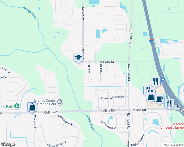 map of restaurants, bars, coffee shops, grocery stores, and more near 7547 Sonia Drive in Jacksonville