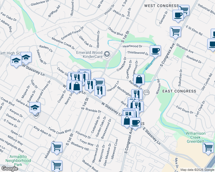 map of restaurants, bars, coffee shops, grocery stores, and more near 503 Arbor Lane in Austin