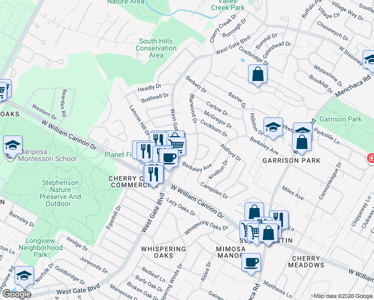 map of restaurants, bars, coffee shops, grocery stores, and more near 2600 Brickford Cove in Austin