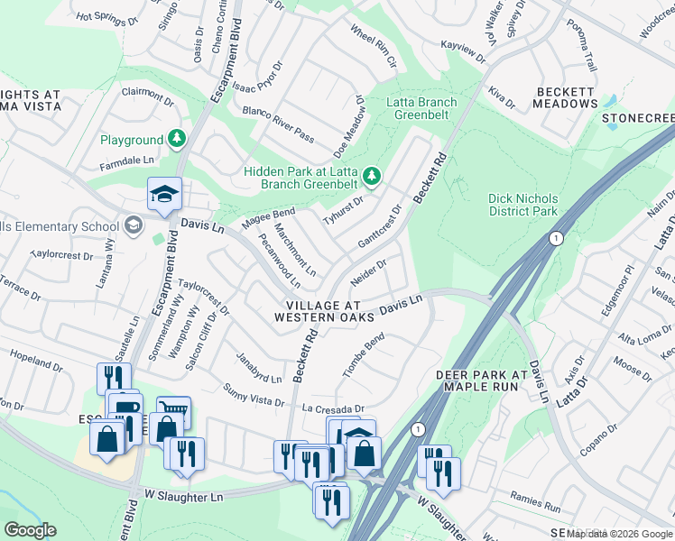 map of restaurants, bars, coffee shops, grocery stores, and more near 8604 Ganttcrest Drive in Austin