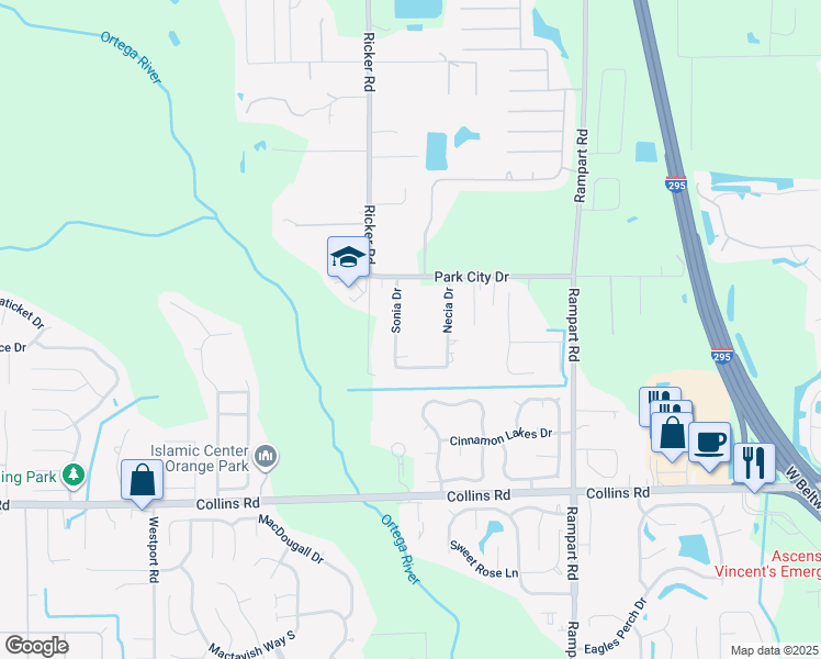 map of restaurants, bars, coffee shops, grocery stores, and more near 7547 Sonia Drive in Jacksonville
