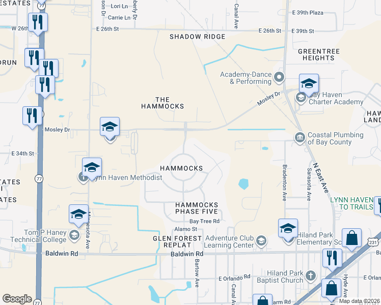 map of restaurants, bars, coffee shops, grocery stores, and more near 3203 Azalea Circle in Lynn Haven