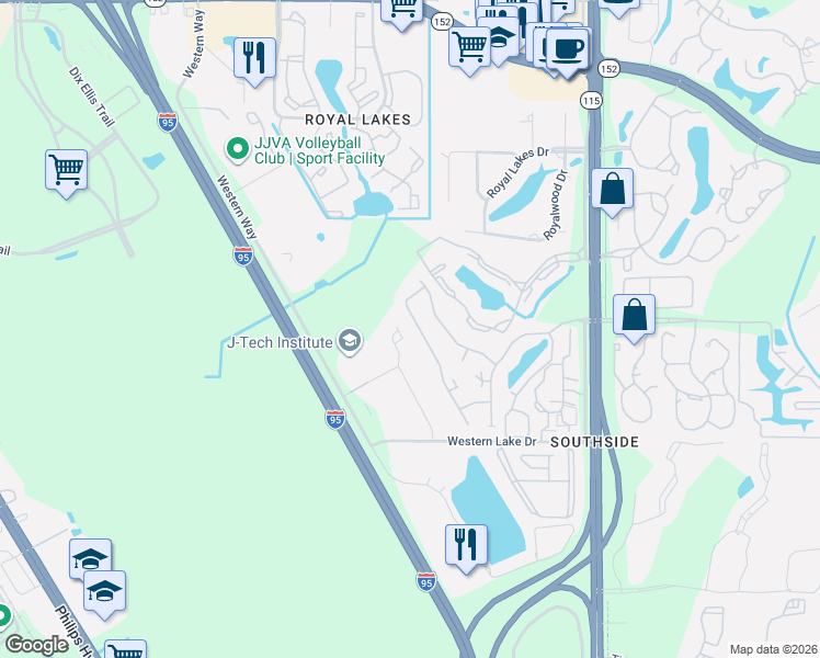 map of restaurants, bars, coffee shops, grocery stores, and more near 8784 Chambore Drive in Jacksonville