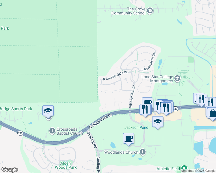 map of restaurants, bars, coffee shops, grocery stores, and more near 147 West Lilac Ridge Place in Conroe