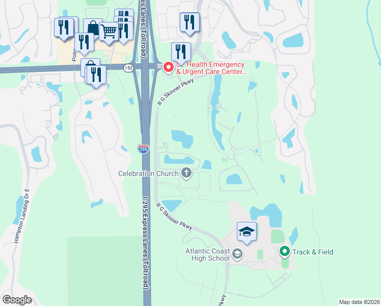map of restaurants, bars, coffee shops, grocery stores, and more near 11223 Campfield Circle in Jacksonville