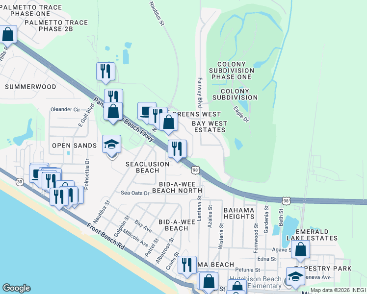 map of restaurants, bars, coffee shops, grocery stores, and more near 13800 Panama City Beach Parkway in Panama City Beach