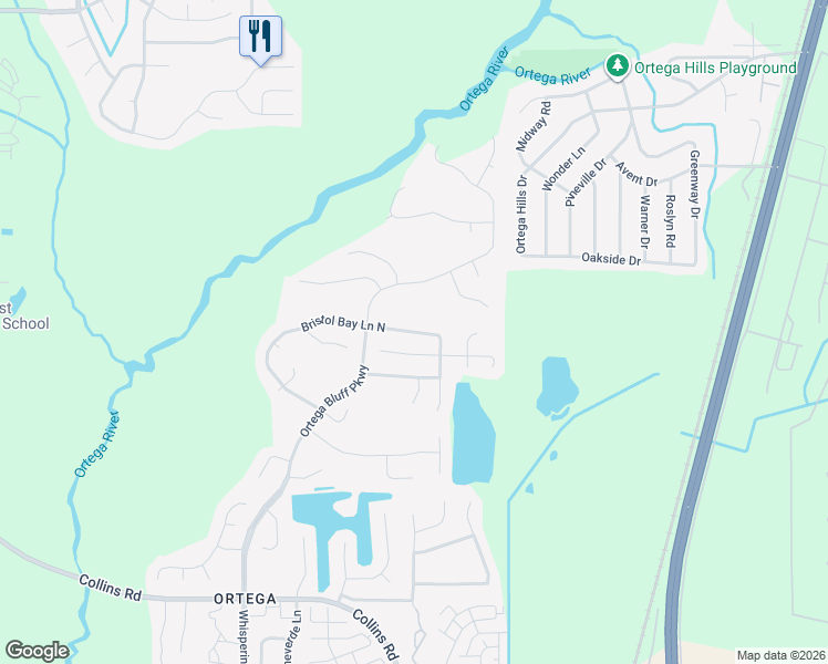 map of restaurants, bars, coffee shops, grocery stores, and more near 5441 Bristol Bay Ln N in Jacksonville