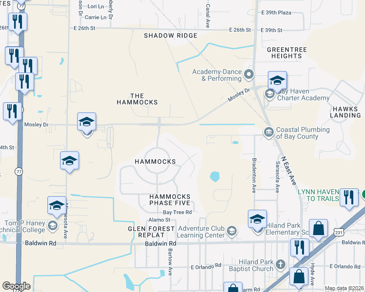 map of restaurants, bars, coffee shops, grocery stores, and more near 3207 Pleasant Hill Road in Lynn Haven