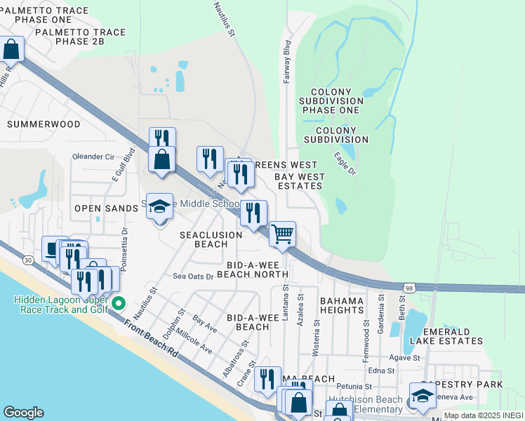 map of restaurants, bars, coffee shops, grocery stores, and more near 212 Cape Cod Drive in Panama City Beach