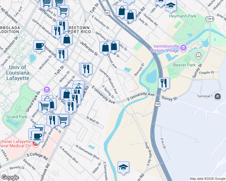 map of restaurants, bars, coffee shops, grocery stores, and more near 1320 General Mouton Avenue in Lafayette