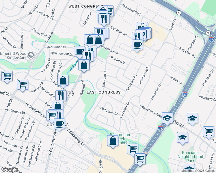 map of restaurants, bars, coffee shops, grocery stores, and more near 307 Tilbury Lane in Austin
