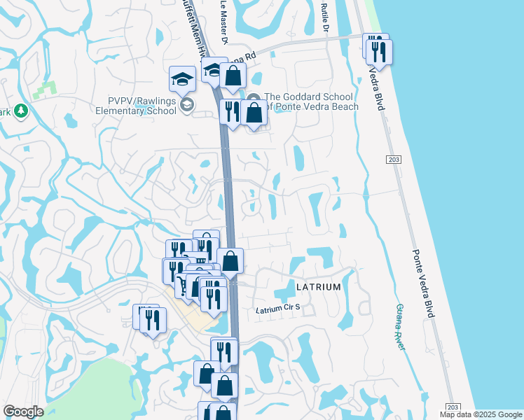 map of restaurants, bars, coffee shops, grocery stores, and more near 868 Shoreline Circle in Ponte Vedra Beach