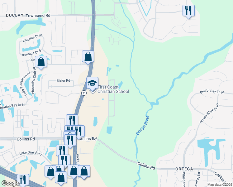 map of restaurants, bars, coffee shops, grocery stores, and more near 7611 Mc Cowan Drive in Jacksonville